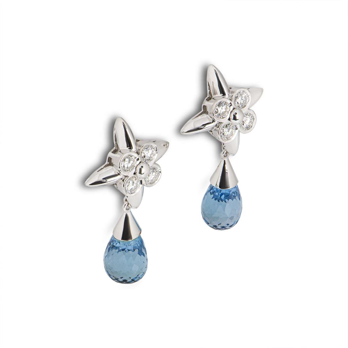 White Gold Diamond and Blue Topaz Drop Earrings
